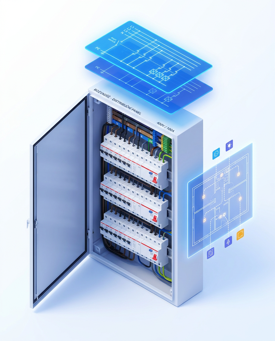 eSchematic – 3D vizualizace třífázového rozvaděče s plovoucími schématy a půdorysem