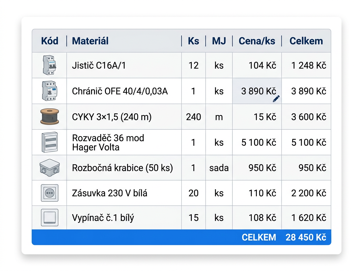 Kusovník materiálu s cenami a Hager Volta rozvaděčem