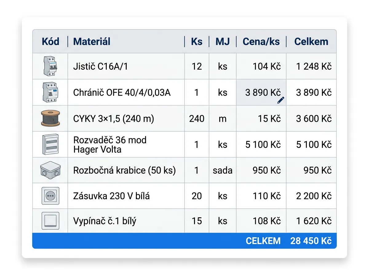 Kusovník materiálu s cenami a Hager Volta rozvaděčem